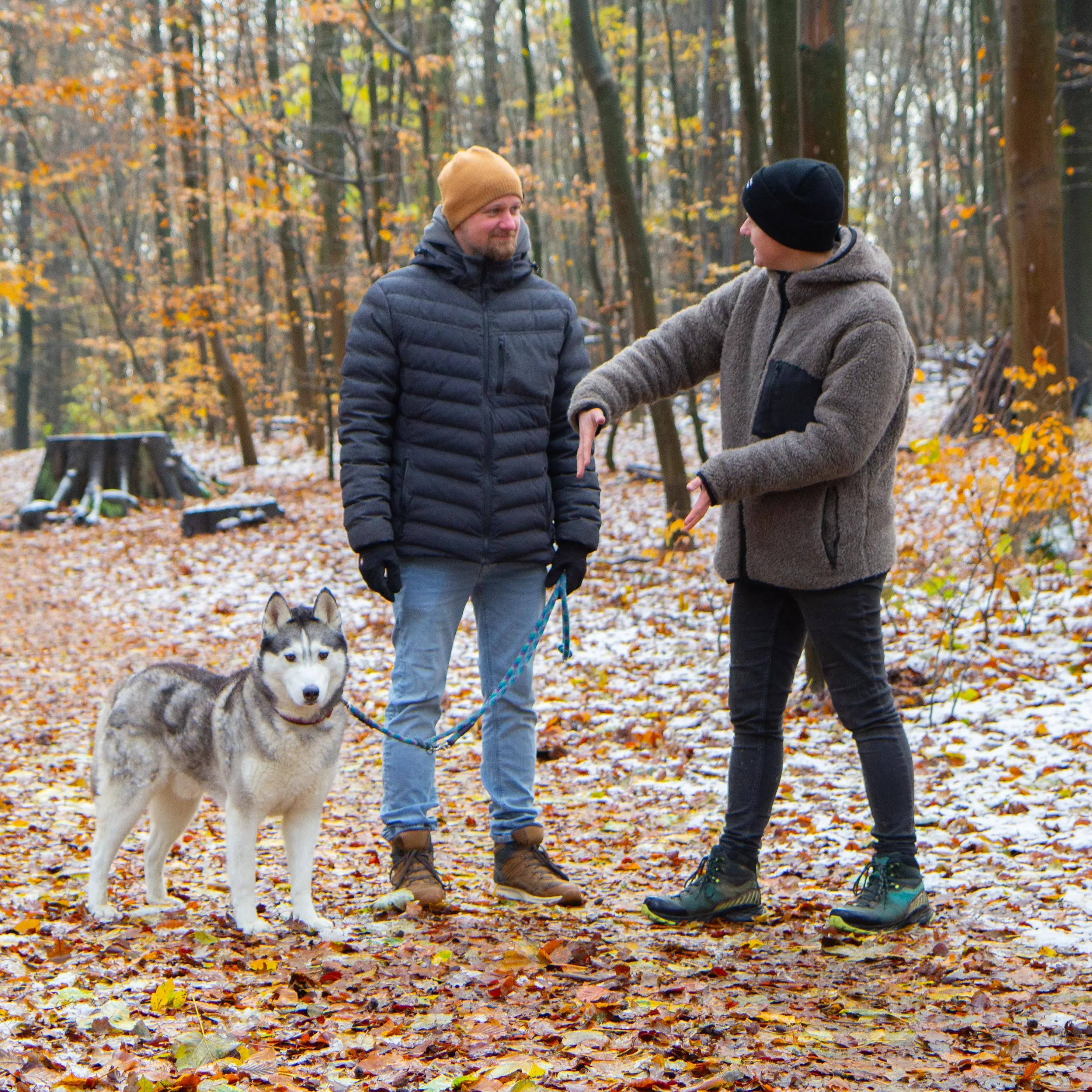 Ein Mann mit einem Husky an der Leine steht neben einer Frau, die ihm etwas mit Handgesten erklärt. Sie stehen in einem herbstlichen Wald.