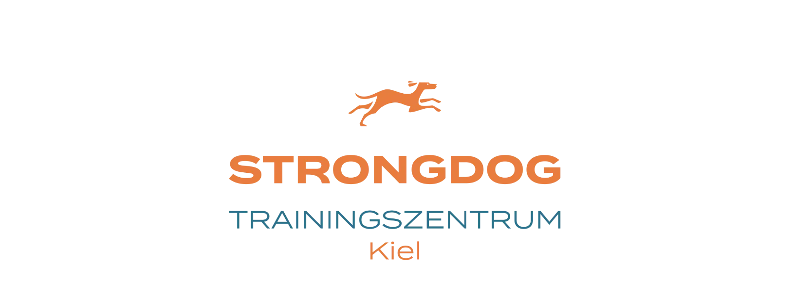 Logo Strongdog mit Silhouette von einem springenden Hund darüber